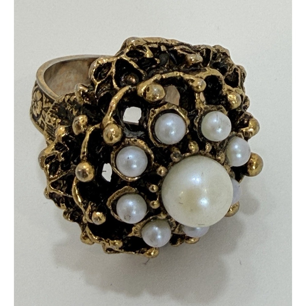 Vintage Brutalist Pearl Cluster Ring Gold Tone Adjustable Statement Ring